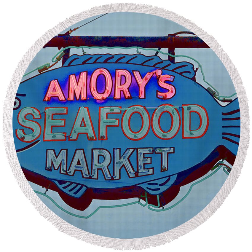 Amory Round Beach Towel featuring the photograph Amory Seafood Sign by Jerry Gammon