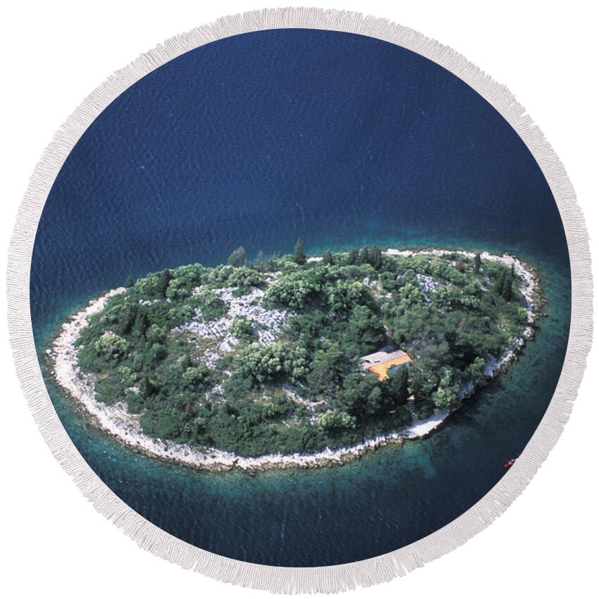 Adriatic Round Beach Towel featuring the photograph An Aerial View Of Two Kayakers Paddling by Peter McBride