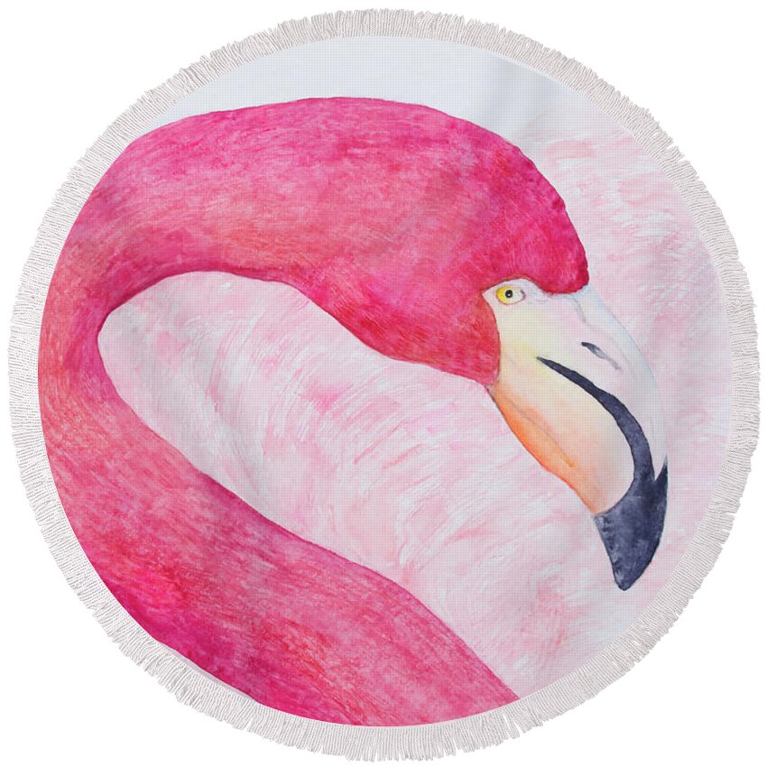 Flamingo Round Beach Towel featuring the painting An American Flamingo In Galapagos by Patricia Beebe