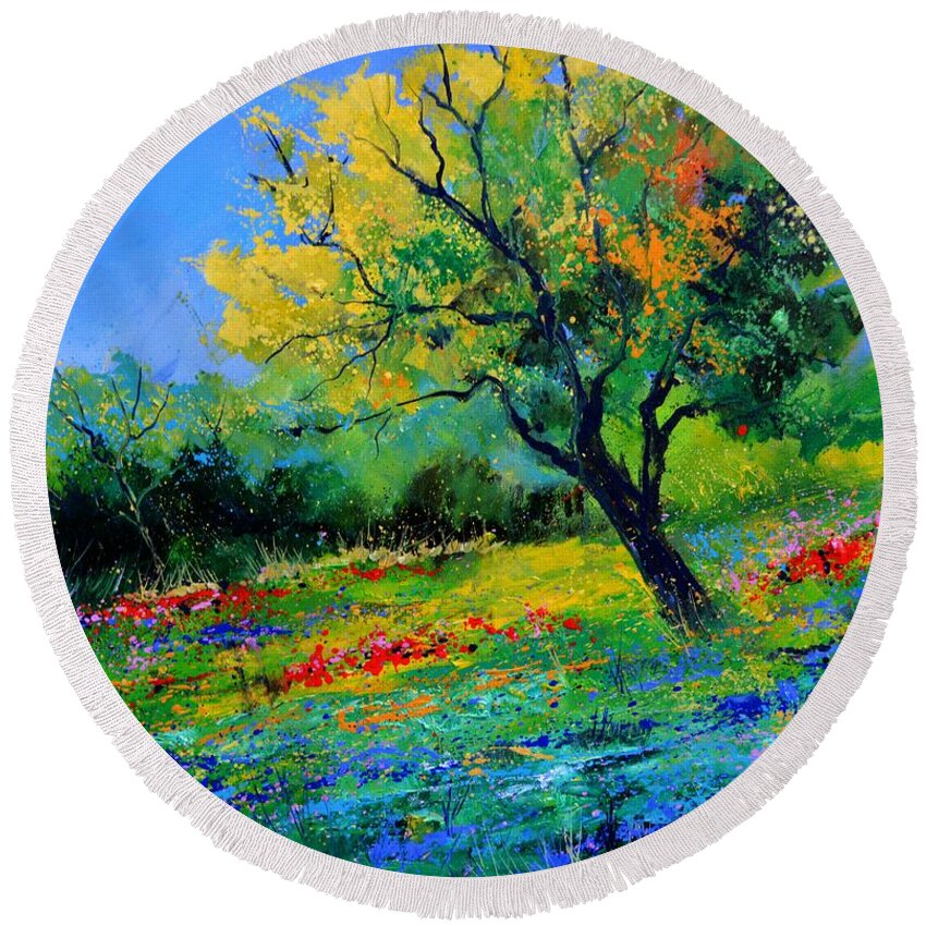 Landscape Round Beach Towel featuring the painting An oak amid flowers in Texas by Pol Ledent