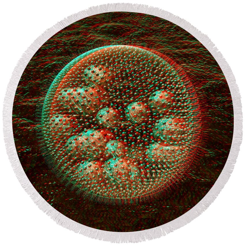 3d Round Beach Towel featuring the digital art Anaglyph of Volvox a spherical colonial green alga by Russell Kightley