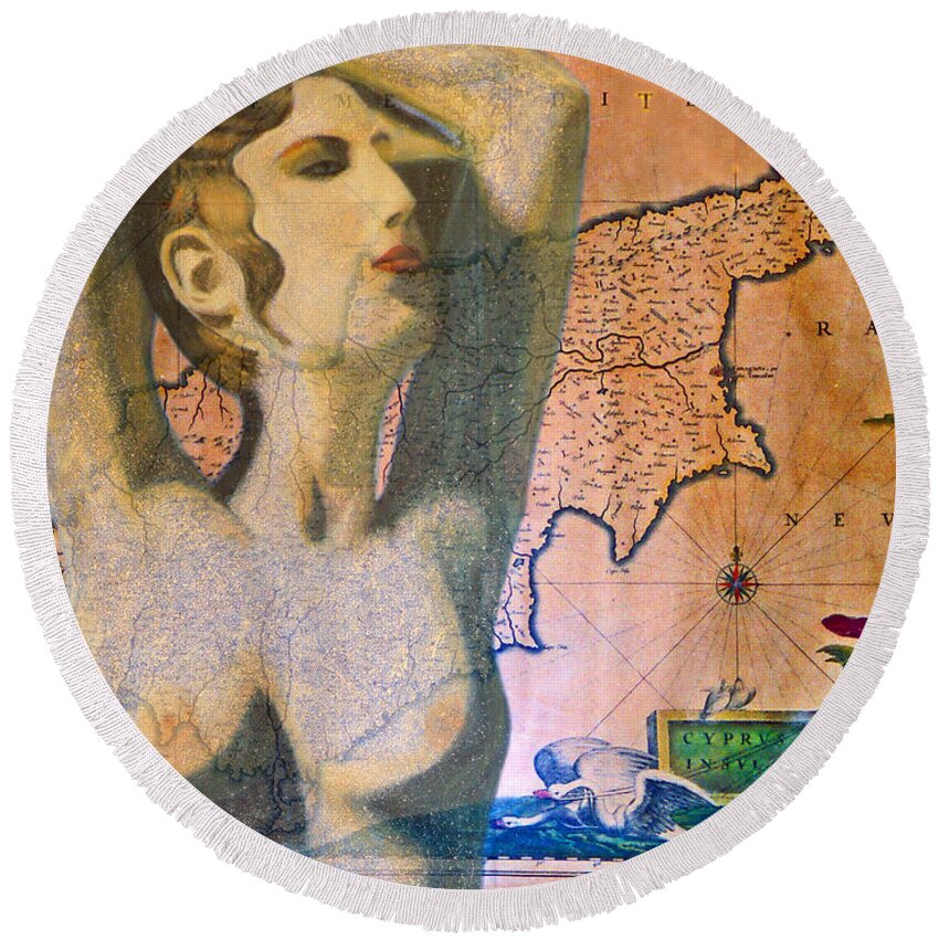 Augusta Stylianou Round Beach Towel featuring the digital art Ancient Cyprus Map and Aphrodite by Augusta Stylianou