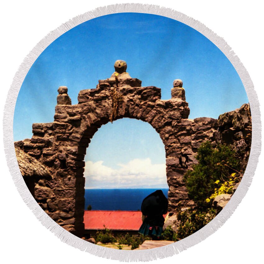 Taquile Island Round Beach Towel featuring the photograph Ancient Portal by Suzanne Luft