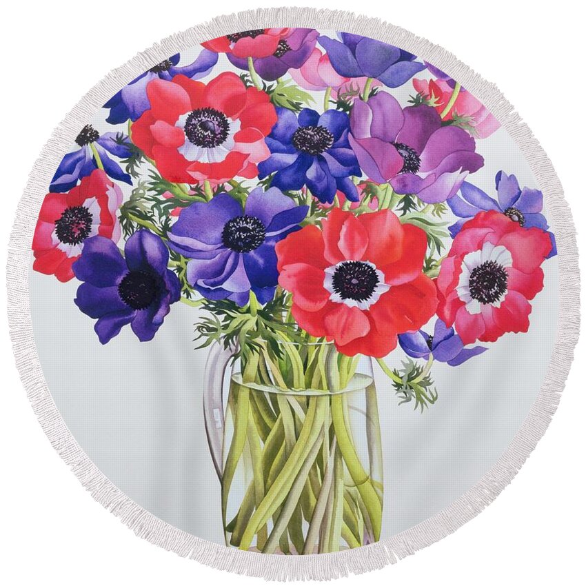 Flower Round Beach Towel featuring the painting Anemones in a glass jug by Christopher Ryland