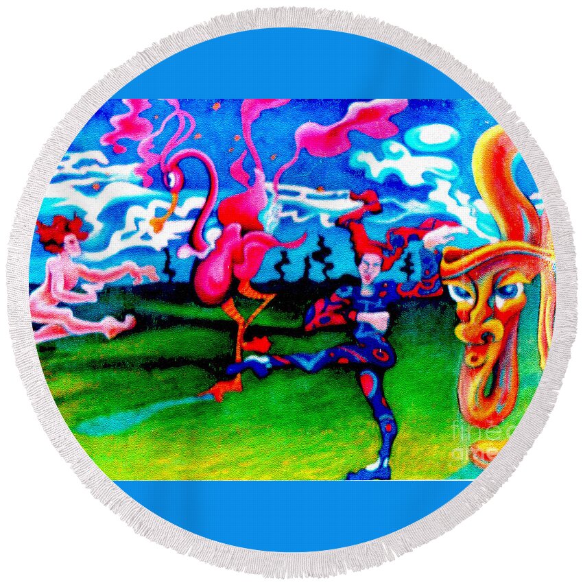 Angel Round Beach Towel featuring the painting Angel Bird Jester and Tuba by Genevieve Esson