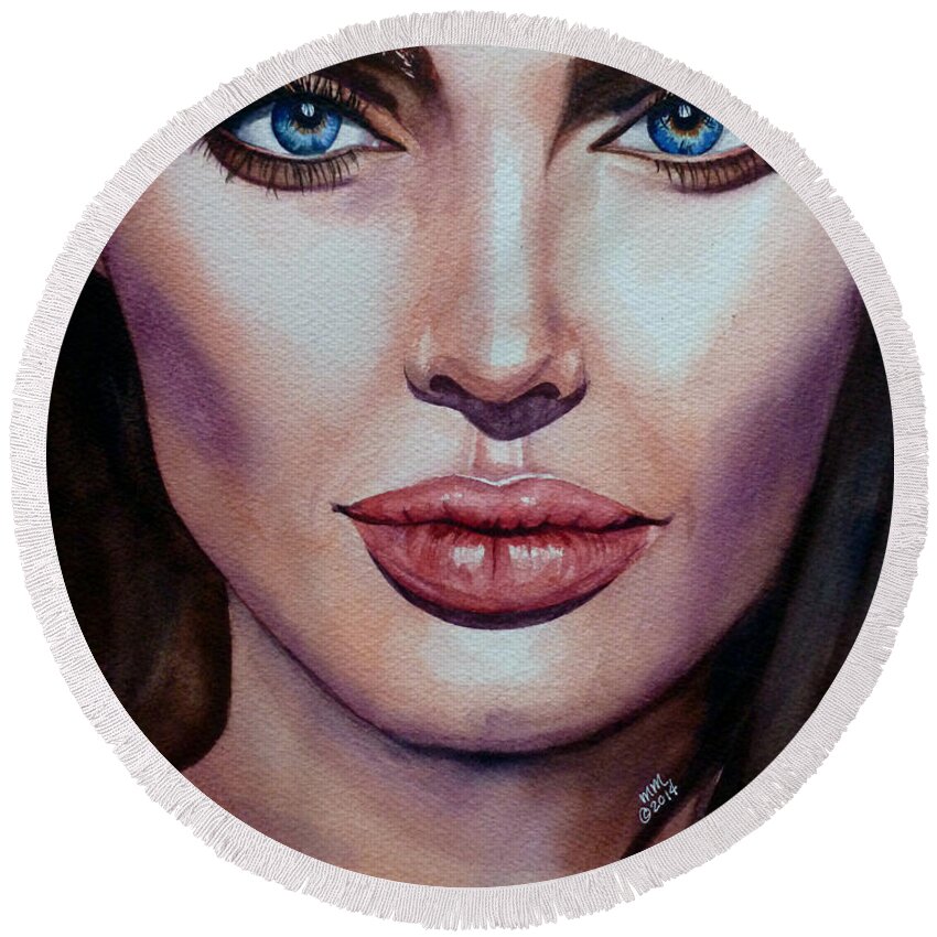 Angelina Jolie Round Beach Towel featuring the painting Angelina by Michal Madison