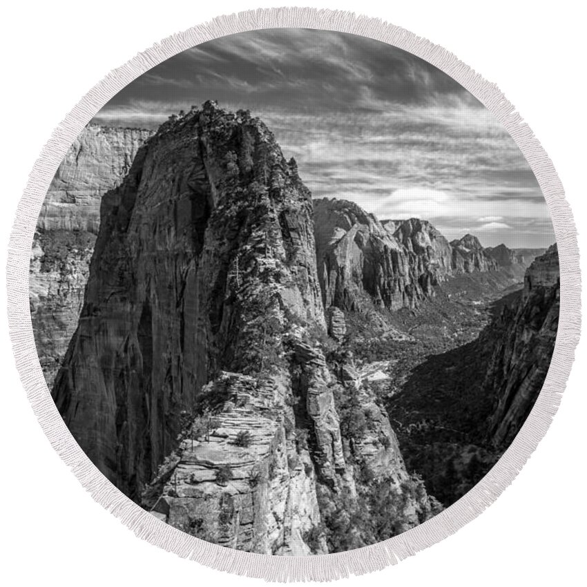 Angels Landing Round Beach Towel featuring the photograph Angel's Landing in Black and White by Pierre Leclerc Photography