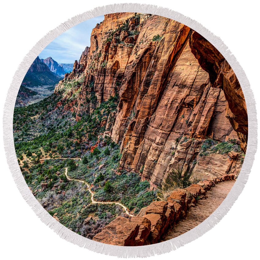 Angels Landing Round Beach Towel featuring the photograph Angels Landing Trail from High Above Zion Canyon Floor by Gary Whitton