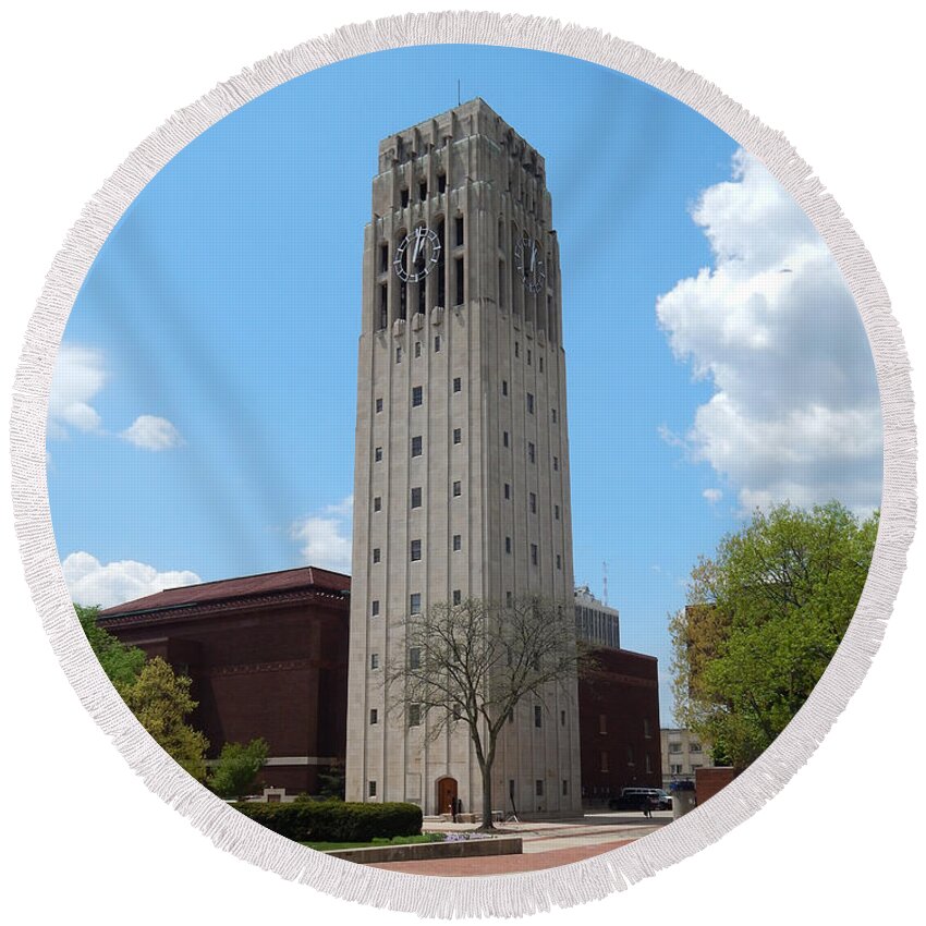 Ann Arbor Round Beach Towel featuring the photograph Ann Arbor Michigan Clock Tower by Phil Perkins