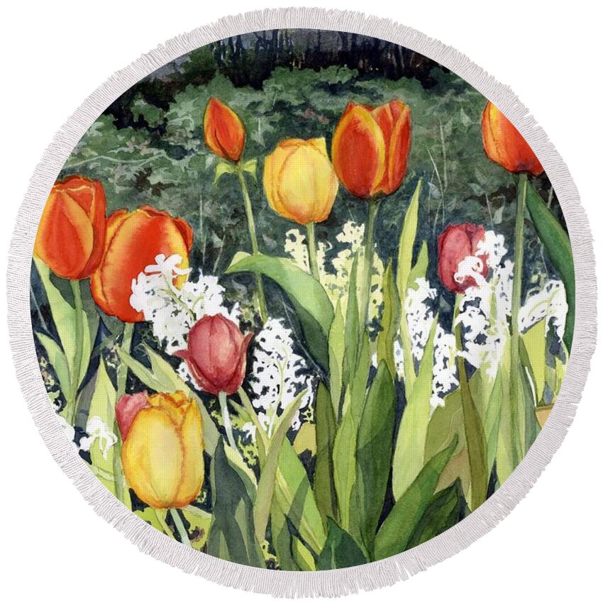 Flowers Round Beach Towel featuring the painting Ann's Tulips by Barbara Jewell
