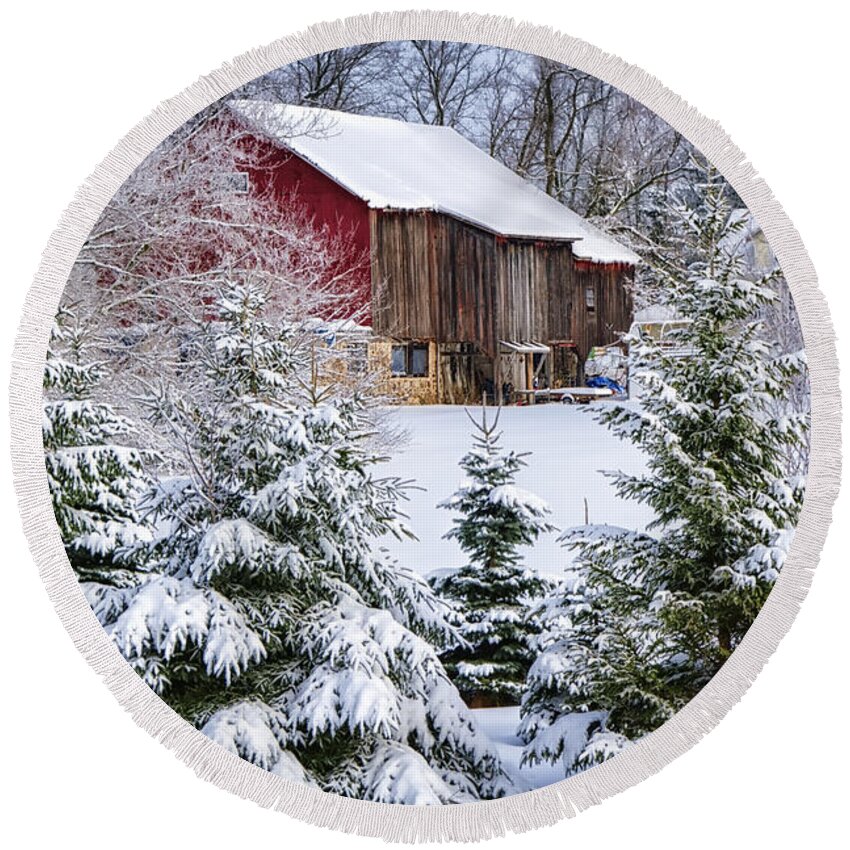 Evergreen Round Beach Towel featuring the photograph Another Wintry Barn by Joan Carroll