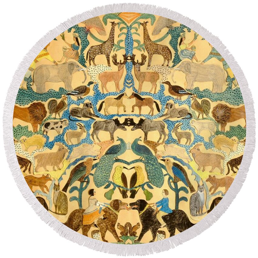 Elephant; Butterfly; Bird; Camel; Lion; Giraffe; Horse; Bear; Dog; Zebra; Deer; Leopard; Garden; Eden; Group; Cat; Fox Round Beach Towel featuring the painting Antique Cutout of Animals by American School