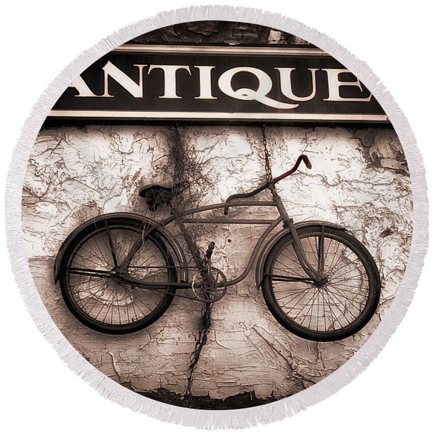 Abstract Round Beach Towel featuring the photograph Antiques and The Old Bike by Bob Orsillo