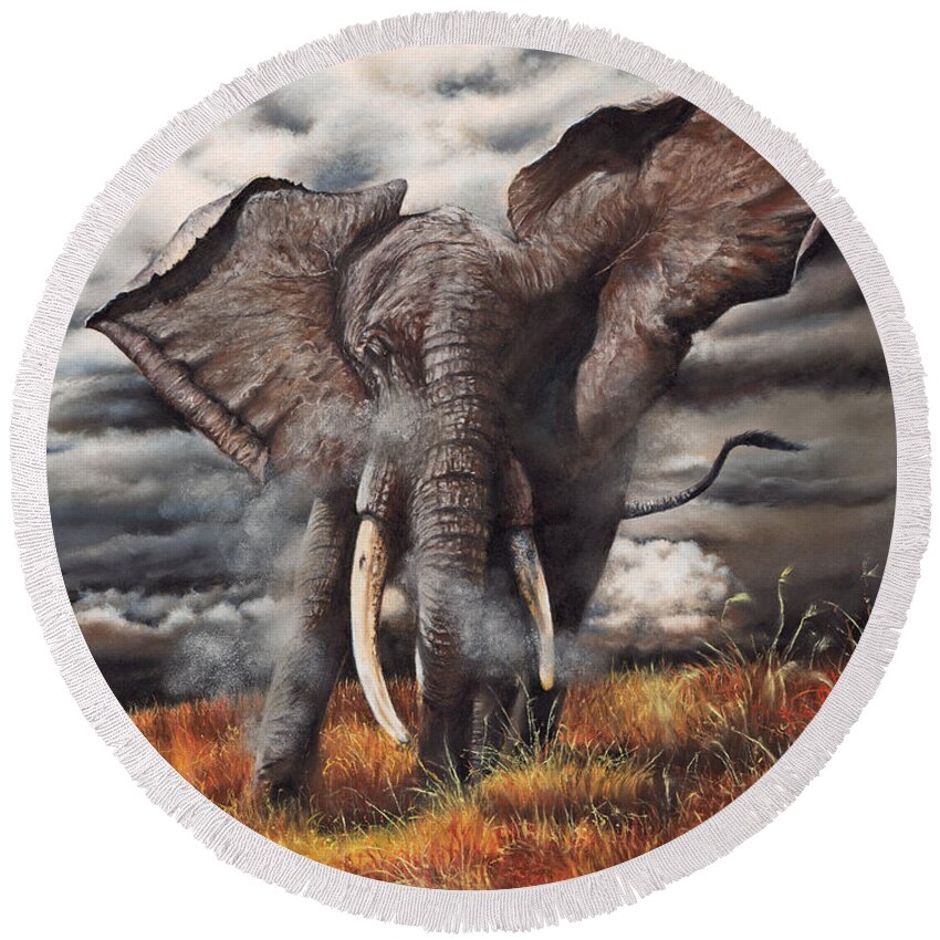 Elephant Round Beach Towel featuring the pastel Approaching Menace by Peter Williams