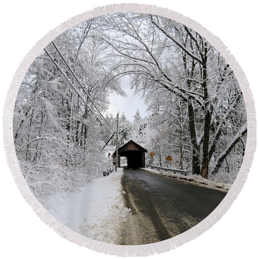 Covered Bridge Round Beach Towel featuring the photograph Approaching Winter by MTBobbins Photography