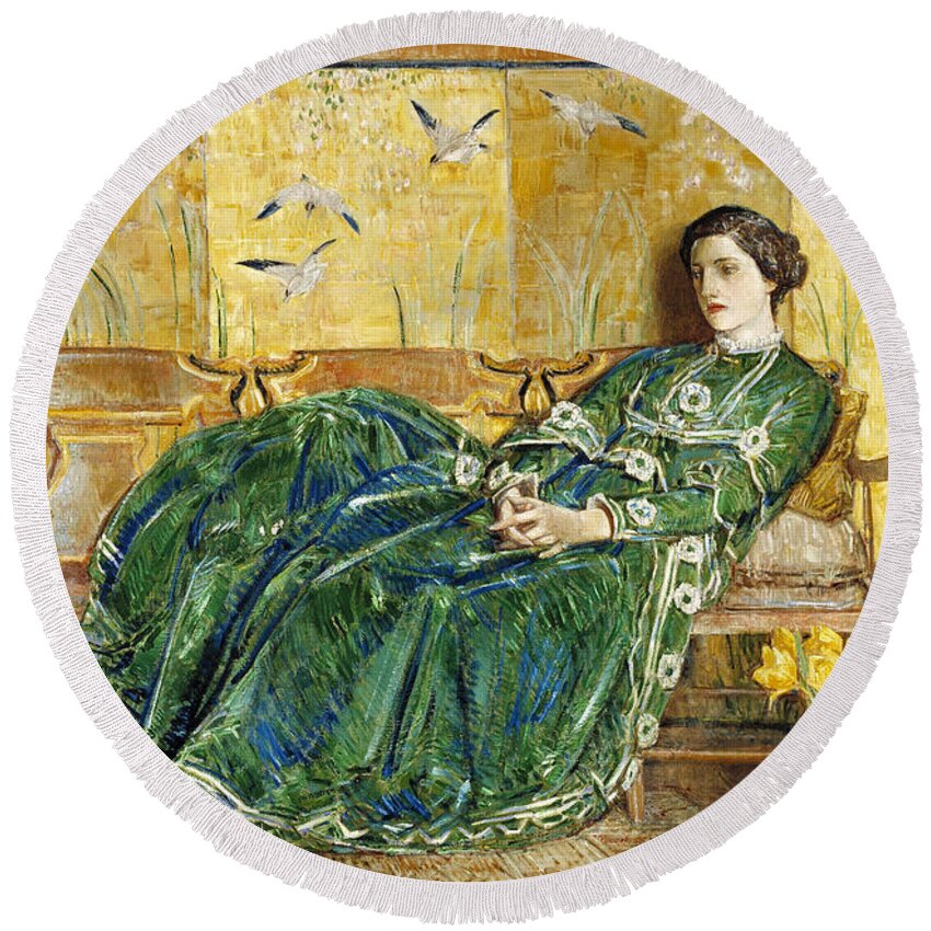 Childe Hassam Round Beach Towel featuring the painting April. The Green Gown  by Childe Hassam