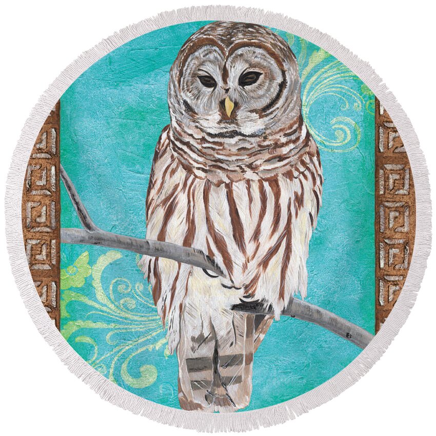Owl Round Beach Towel featuring the painting Aqua Barred Owl by Debbie DeWitt