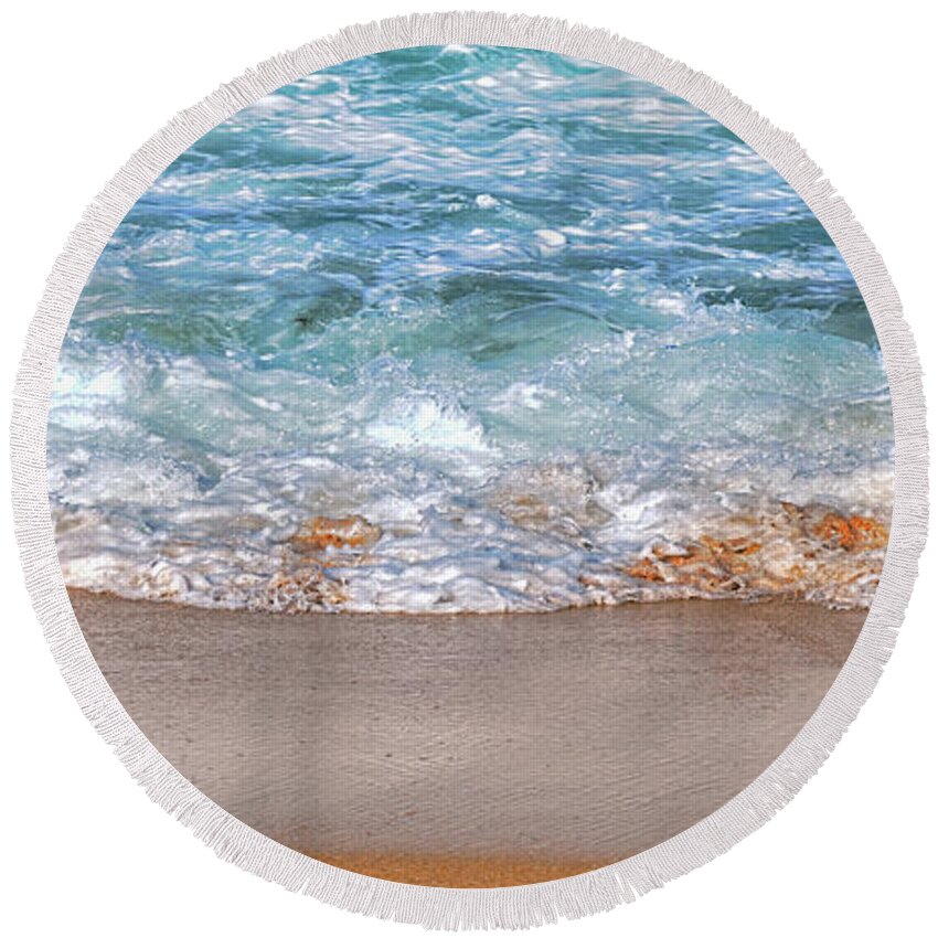 Photography Round Beach Towel featuring the photograph Aqua Glow - Wave Panorama by Kaye Menner