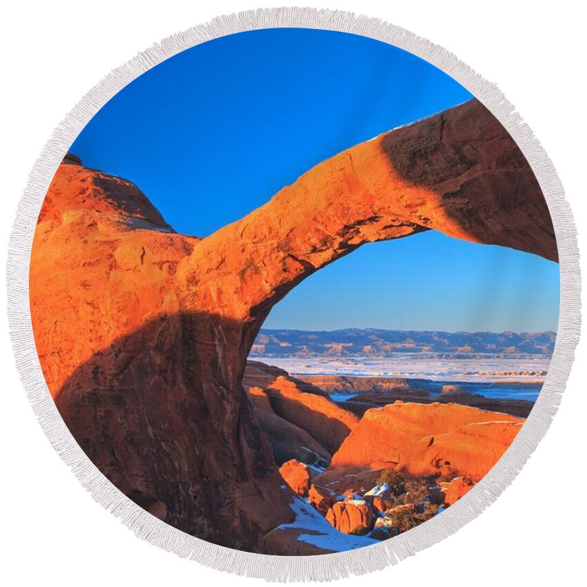 Double O Arch Round Beach Towel featuring the photograph Arches Sunset Orange by Adam Jewell