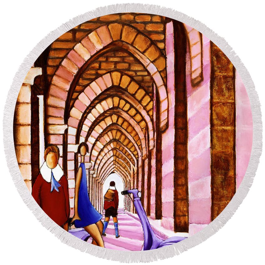 Mediterranean Village Life Round Beach Towel featuring the painting Arches Vespa And Flower Girl by William Cain