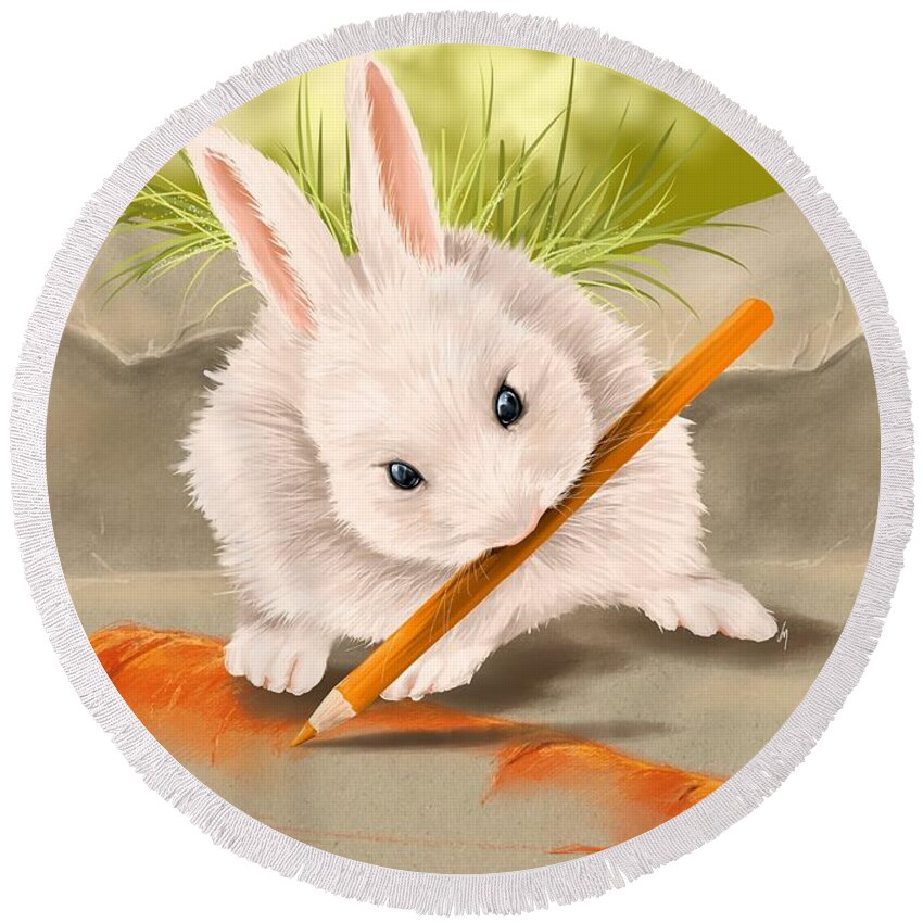 Bunny Round Beach Towel featuring the painting Are you hungry? by Veronica Minozzi