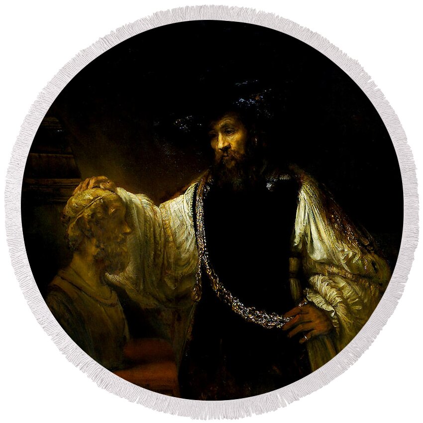Aristotle Contemplating A Bust Of Homer Round Beach Towel featuring the painting Aristotle Contemplating a Bust of Homer by Rembrandt van Rijn