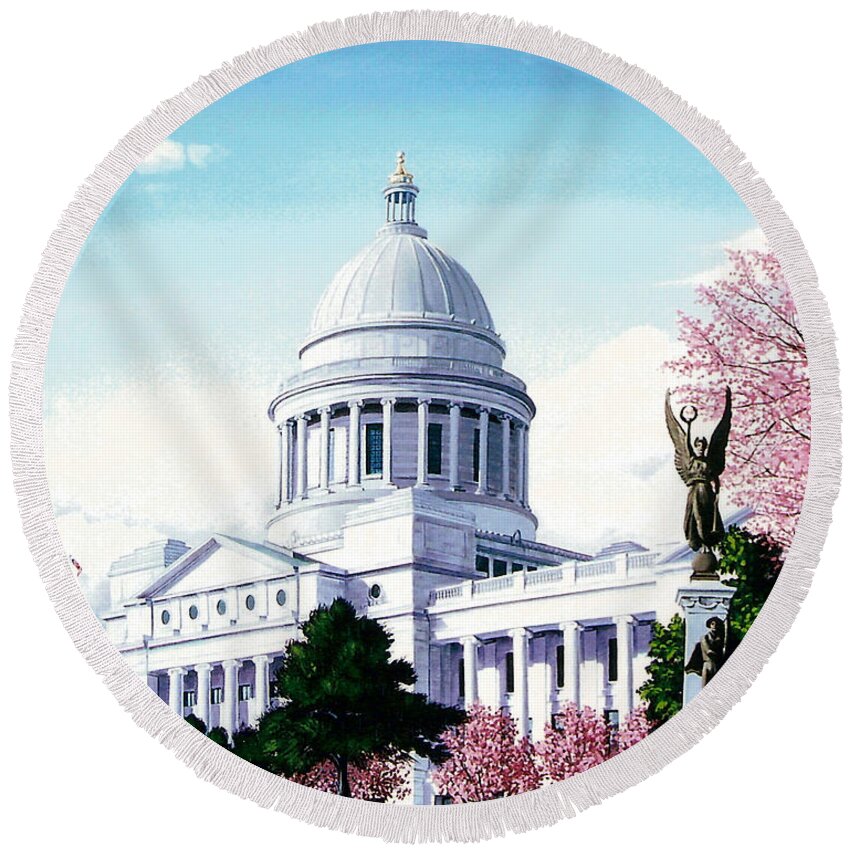 Little Rock Round Beach Towel featuring the painting Arkansas Capitol Blossoms by Glenn Pollard