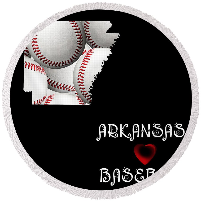 Andee Design Round Beach Towel featuring the digital art Arkansas Loves Baseball by Andee Design