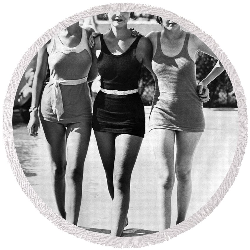 1930s Round Beach Towel featuring the photograph Army Bathing Suit Trio by Underwood Archives
