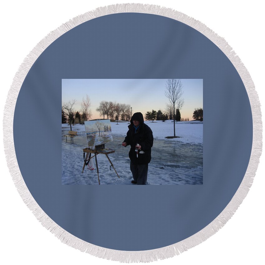 Ylli Haruni Round Beach Towel featuring the photograph Artist at Work lake shore mississauga on by Ylli Haruni