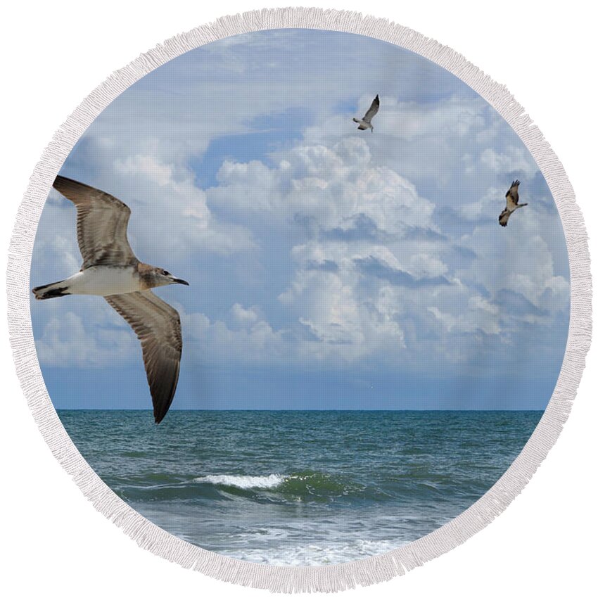 Beach Round Beach Towel featuring the photograph As Birds Fly by Kathy Baccari