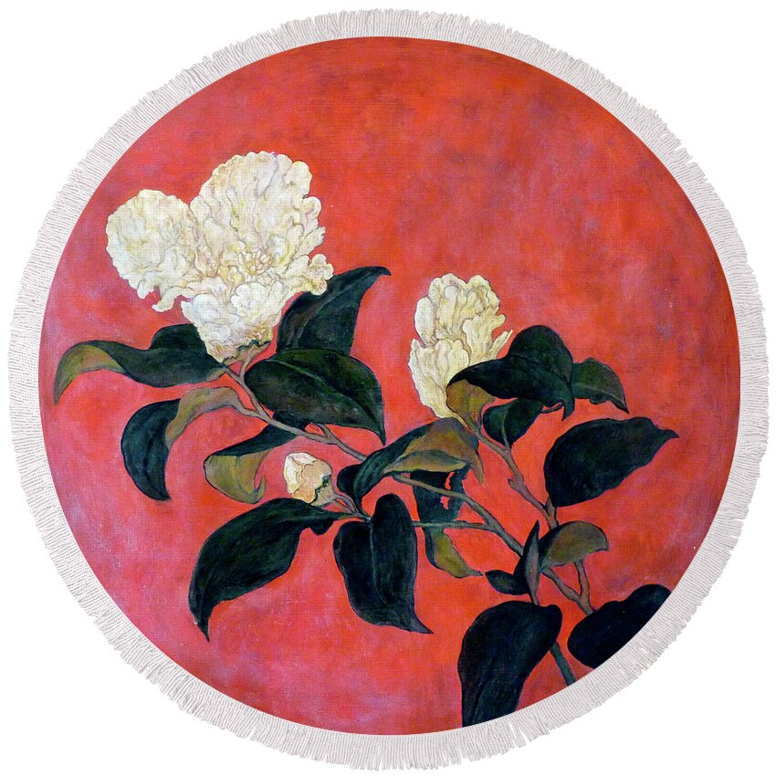 Asian Floral Round Beach Towel featuring the painting Asian Floral by Tom Roderick
