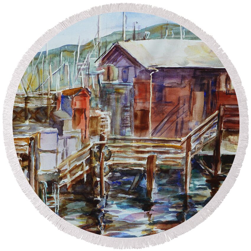 Landscape Round Beach Towel featuring the painting At Monterey Wharf CA by Xueling Zou