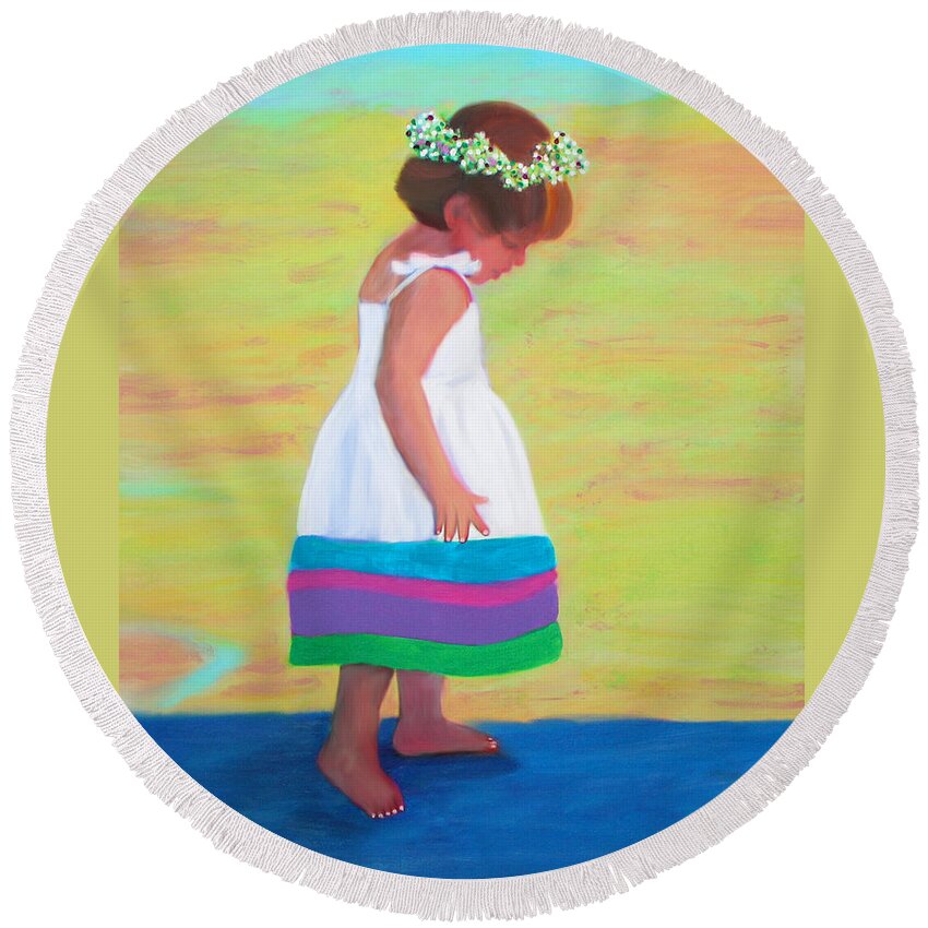 Girl Round Beach Towel featuring the painting At The Beach by Deborah Boyd