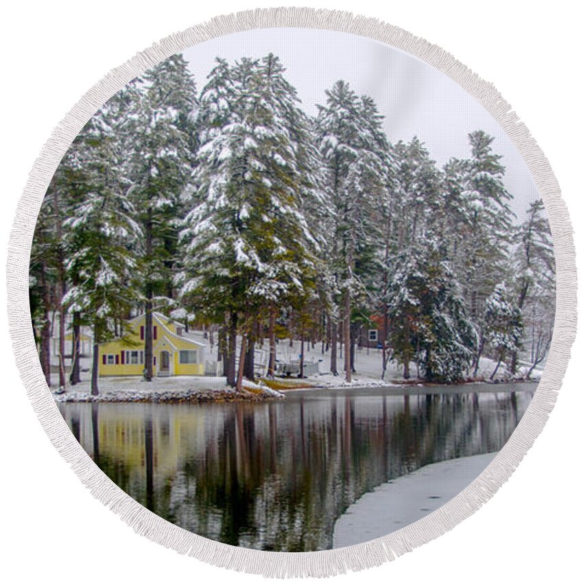 Forest Round Beach Towel featuring the photograph At the Edge of the Lake by Guy Whiteley