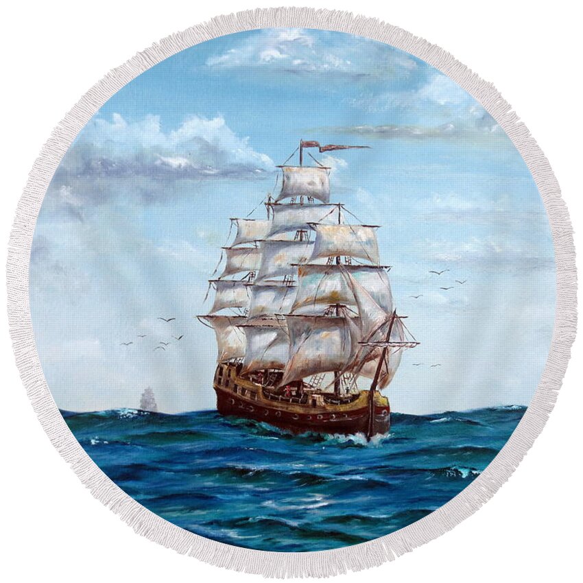 Lee Piper Round Beach Towel featuring the painting Atlantic Crossing by Lee Piper