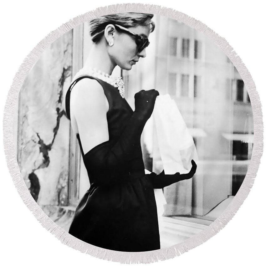 Audrey Hepburn Round Beach Towel featuring the photograph Audrey at Tiffanys by Georgia Clare