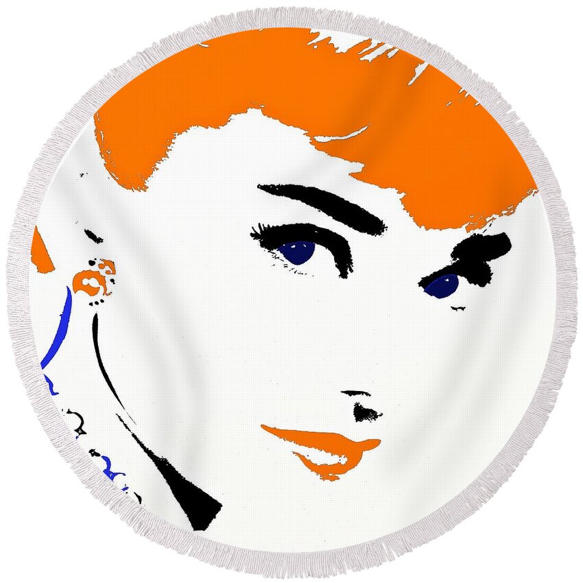 Audrey So Beautiful In Orange And Blue Round Beach Towel featuring the painting Audrey So Beautiful in Orange and Blue by Saundra Myles