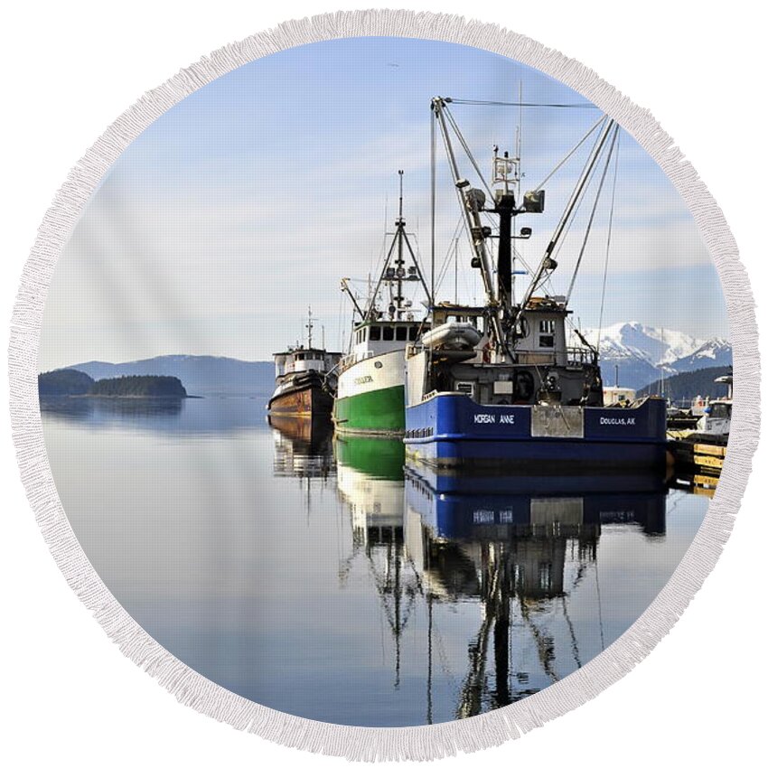 Auke Bay Round Beach Towel featuring the photograph Auke Bay Reflection by Cathy Mahnke