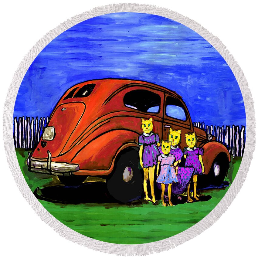Cats Round Beach Towel featuring the painting Aunt Laverne And The Kitties by Dale Moses