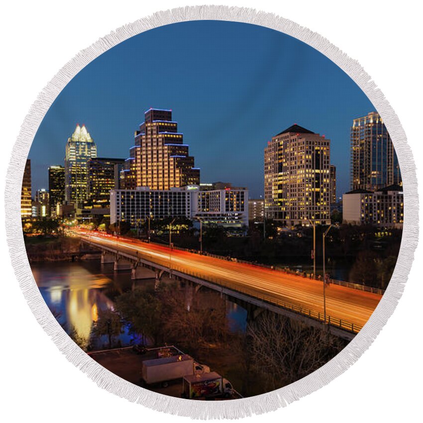Photography Round Beach Towel featuring the photograph Austin, Texas Cityscape Evening Skyline by Panoramic Images