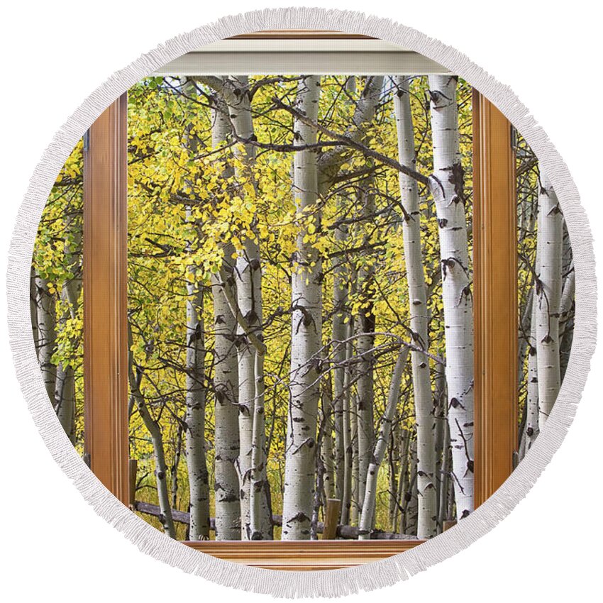Windows Round Beach Towel featuring the photograph Autumn Aspen Forest Classic Wood Window View by James BO Insogna