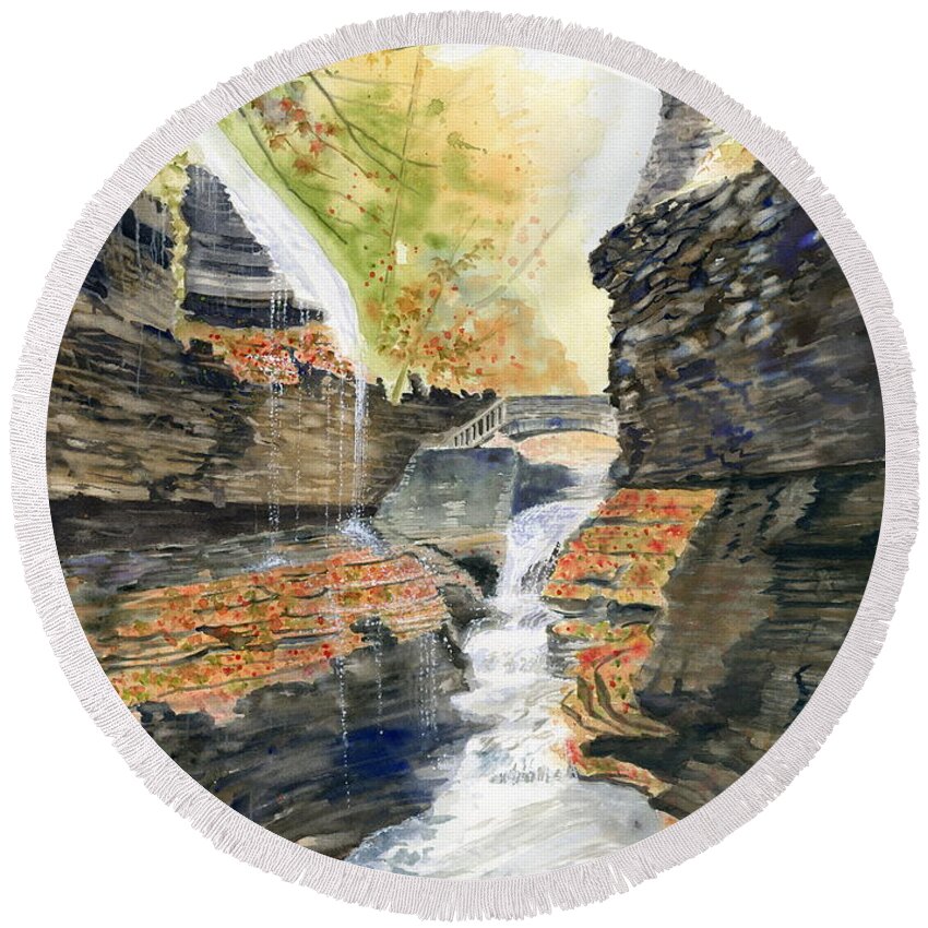 Rainbow Falls Round Beach Towel featuring the painting Autumn at Rainbow Falls by Melly Terpening
