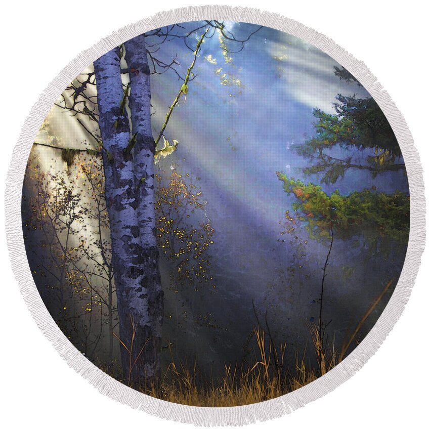 Fantasy Forest Round Beach Towel featuring the photograph Autumn Fog With Sun Rays by Theresa Tahara
