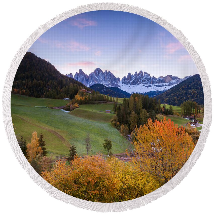 Autumn Round Beach Towel featuring the photograph Autumn in the Dolomites mountains - Italy by Matteo Colombo
