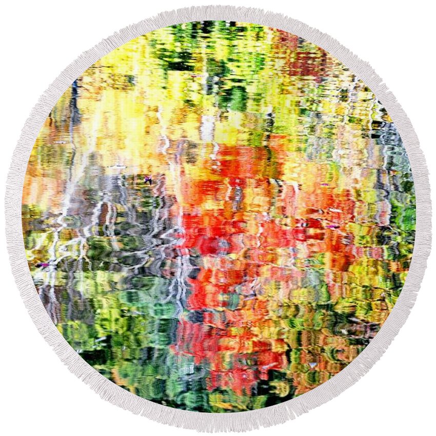 Autumn Round Beach Towel featuring the photograph Autumn Leaves Reflected in Pond Surface by Phyllis Meinke