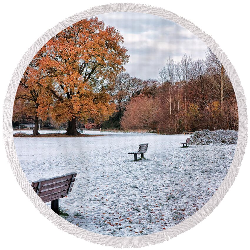 Shirley Mitchell Round Beach Towel featuring the photograph Autumn meet Winter by Shirley Mitchell