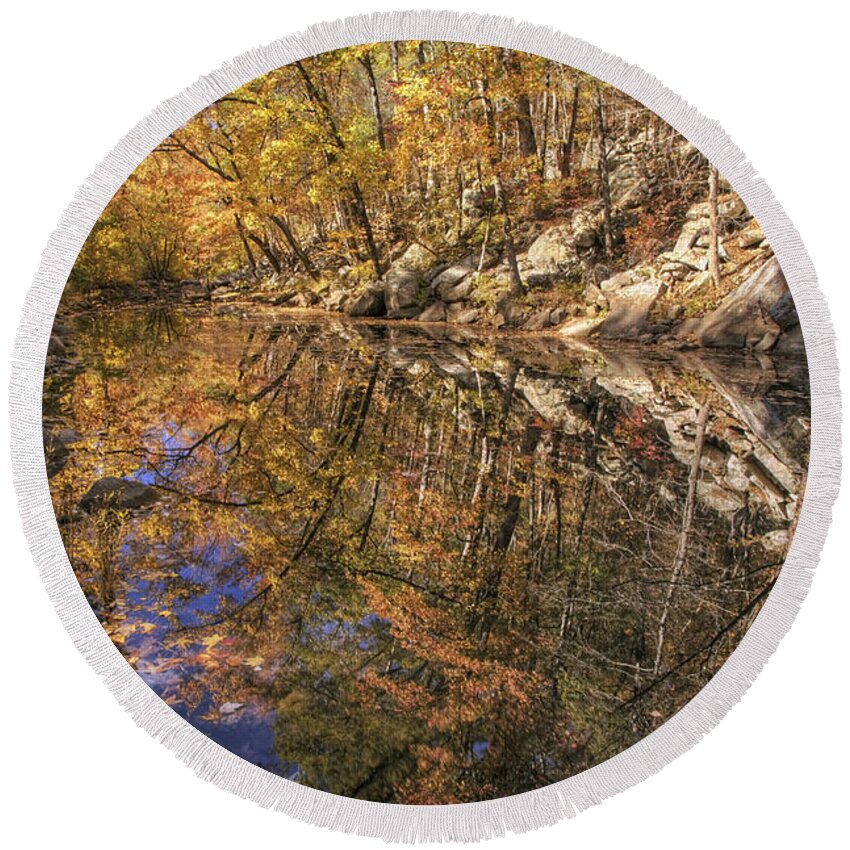 Autumn Round Beach Towel featuring the photograph Autumn Reflections on Big Shoal Creek - Arkansas by Jason Politte