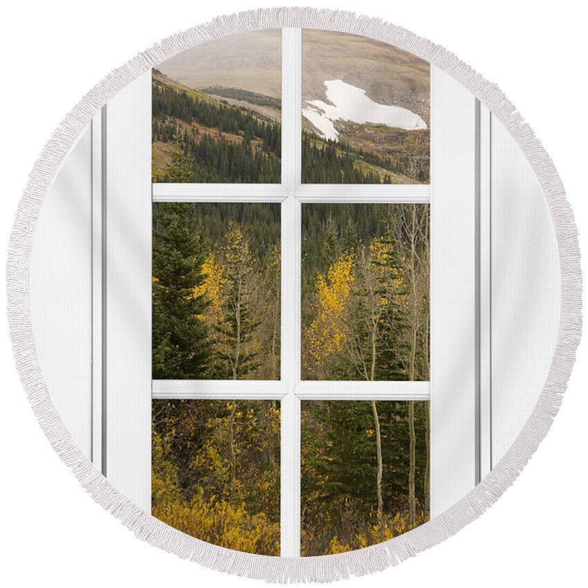 Windows Round Beach Towel featuring the photograph Autumn Rocky Mountain Glacier View Through a White Window Frame by James BO Insogna