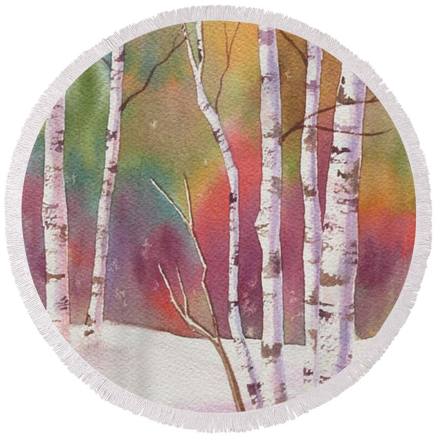 Autumn Round Beach Towel featuring the painting Autumn Snow by Deborah Ronglien